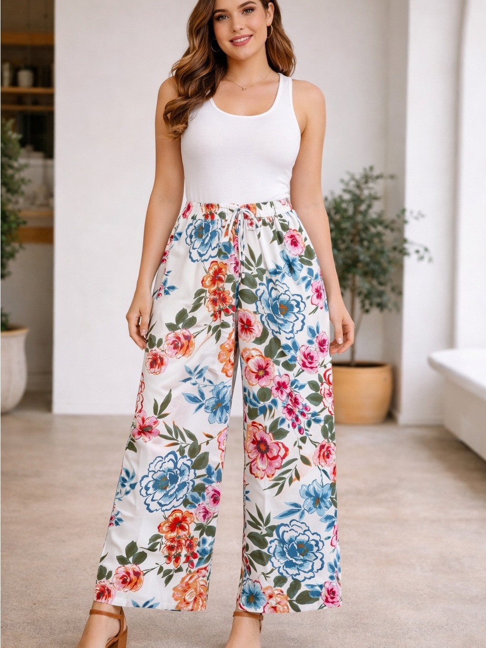 Mlle Gabrielle White Floral Wide-Leg Drawstring Pants